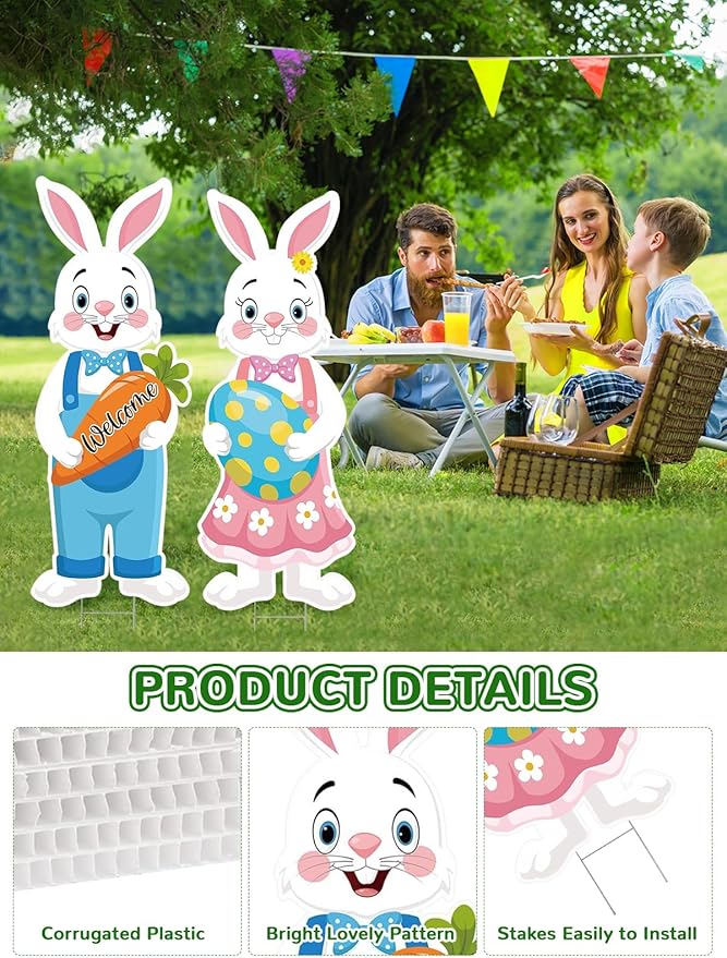 2Pcs Easter Yard Signs 32.28x12.4 Inch Large Bunny Lawn Decorations with Stakes for Egg Hunt Photography, Easter Outdoor, Garden, Lawn Party Waterproof Decorations