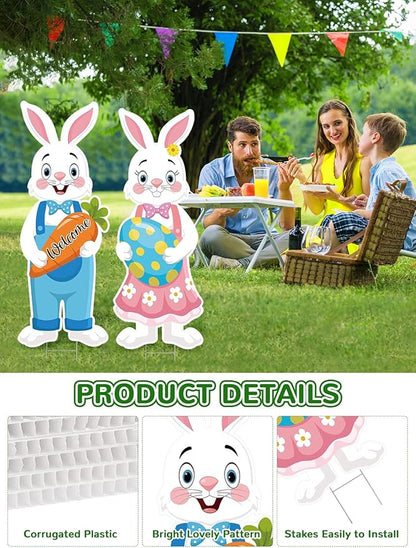 2Pcs Easter Yard Signs 32.28x12.4 Inch Large Bunny Lawn Decorations with Stakes for Egg Hunt Photography, Easter Outdoor, Garden, Lawn Party Waterproof Decorations