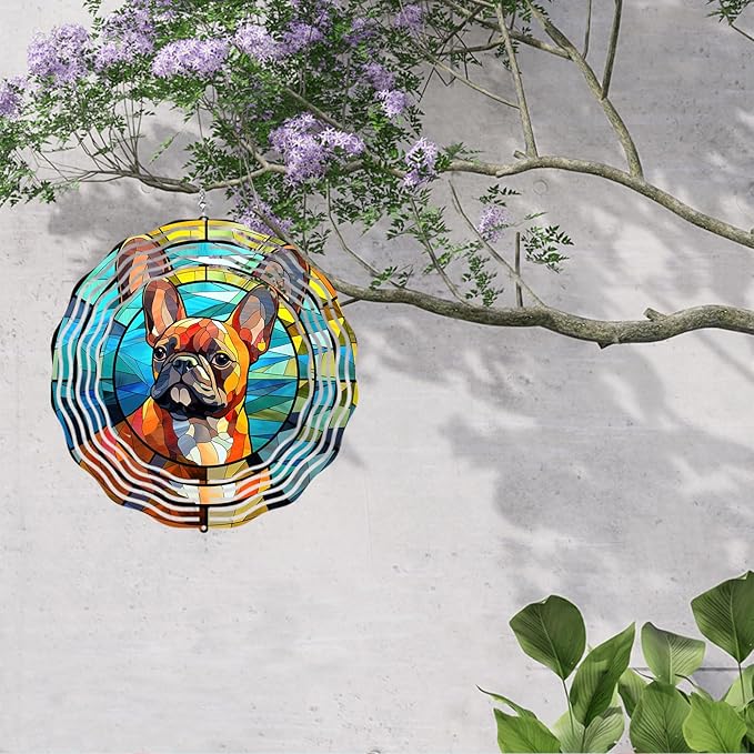 French Bulldog Wind Spinner Pet Dog Memorial Gifts, Vibrant 3D Kinetic Metal Hanging Outdoor Garden Decor, Frenchie Gifts for Dog Lovers, 8" Wind Sculptures for Patio, Porch, Yard Art (Frenchie 5)