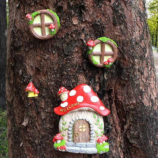 Fairy Garden Decor Fairy Door and Windows for Trees, Glow in The Dark Yard Sculpture Lawn Ornament Mini Garden Art Outdoor Decor Accessories with Lantern (B)