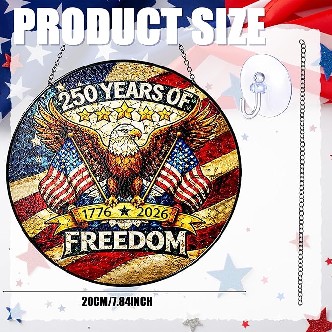 Leinuosen 250 Anniversary of Stained Glass Suncatcher 250th Anniversary Hanging Decoration 1776-2026 Us Window Stained Ornament for Patriotic People American Independence Freedom Day Gift Decoration