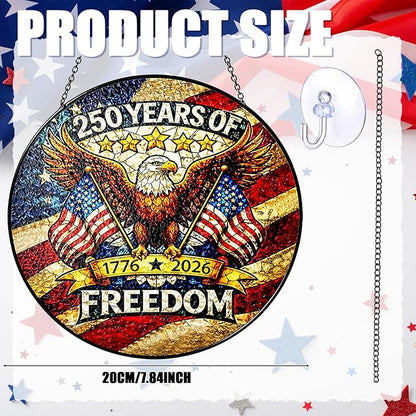 Leinuosen 250 Anniversary of Stained Glass Suncatcher 250th Anniversary Hanging Decoration 1776-2026 Us Window Stained Ornament for Patriotic People American Independence Freedom Day Gift Decoration