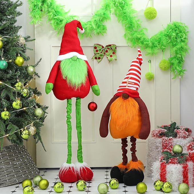 Yerliker 2 Pcs Christmas Large Plush Gnomes Decorations Lime Green Gnomes Xmas Stuffed Animals Porch Yard Decor 28 to 43 Inch Santa Decoration with Retractable Legs for Gifts Home Indoor Outdoor