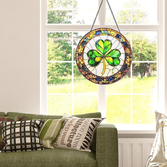 Ireland Shamrock Stained Glass Window Hanging Suncatcher with Chain - 7.9" Clover Outdoor/Indoor Art Decor for Home Garden, St. Patrick's Day, Mother's, Valentine's & Irish Ornaments Present