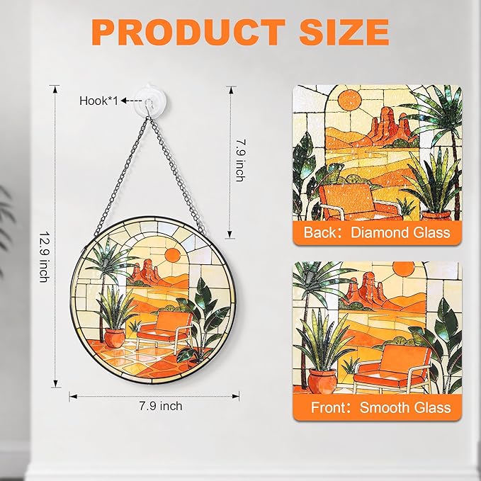 Hanging Stained Glass for Windows,20cm/7.87inch Desert Sunset Stained Glass Suncatcher with Chain Garden Diamond Glass Panel Hangings Decoration for Home Decor Gifts for Family Friends Colleagues