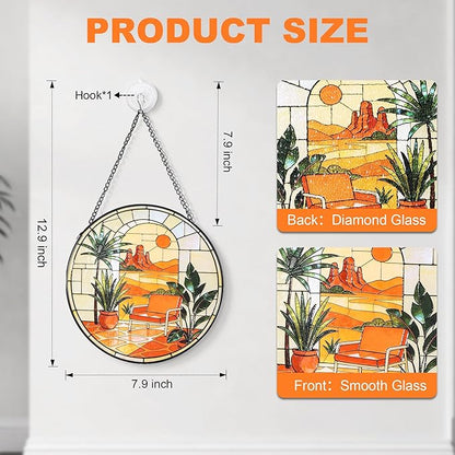Hanging Stained Glass for Windows,20cm/7.87inch Desert Sunset Stained Glass Suncatcher with Chain Garden Diamond Glass Panel Hangings Decoration for Home Decor Gifts for Family Friends Colleagues