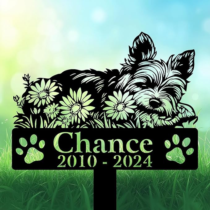 Personalized Yorkshire Terrier Grave Marker, Yorkie Sleeping on Daisy Flowers Memorial Garden Stake, Yorkie Memorial Gift, Loss of Yorkie, Outdoor Pet Headstone, Dog Burial Stake