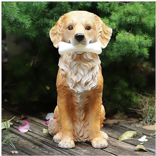 13.6" Solar Golden Retriever Garden Statue with Bone Light, Resin Sitting Dog Outdoor Decor, Waterproof Solar Powered Animal Statue for Yard, Lawn, Garden
