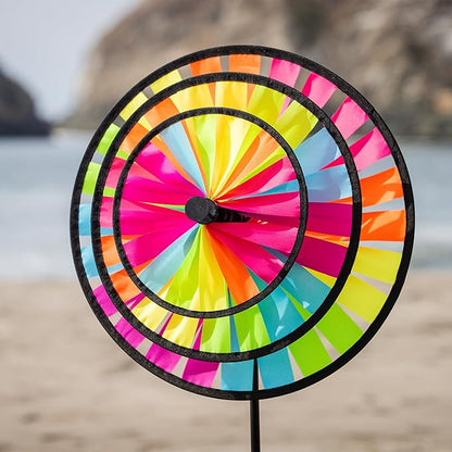 In the Breeze 2614 — Fiesta Triple Wheel Spinner — Colorful, Mesmerizing Wind Spinner for Yards and Gardens