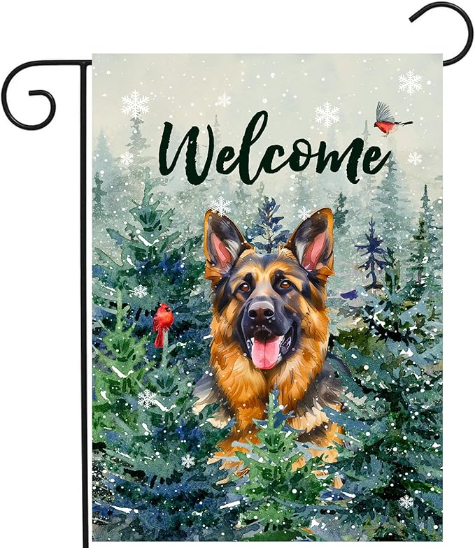 Welcome Winter Garden Flags German Shepherd Garden Flag Cardinal Birds on Snowy Pine Tree Flag Dog Yard Flags for Outside 12x18 Double Sided Christmas Decorative