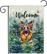 Welcome Winter Garden Flags German Shepherd Garden Flag Cardinal Birds on Snowy Pine Tree Flag Dog Yard Flags for Outside 12x18 Double Sided Christmas Decorative
