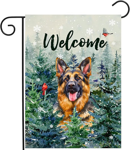 Welcome Winter Garden Flags German Shepherd Garden Flag Cardinal Birds on Snowy Pine Tree Flag Dog Yard Flags for Outside 12x18 Double Sided Christmas Decorative