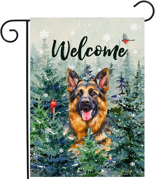 Welcome Winter Garden Flags German Shepherd Garden Flag Cardinal Birds on Snowy Pine Tree Flag Dog Yard Flags for Outside 12x18 Double Sided Christmas Decorative