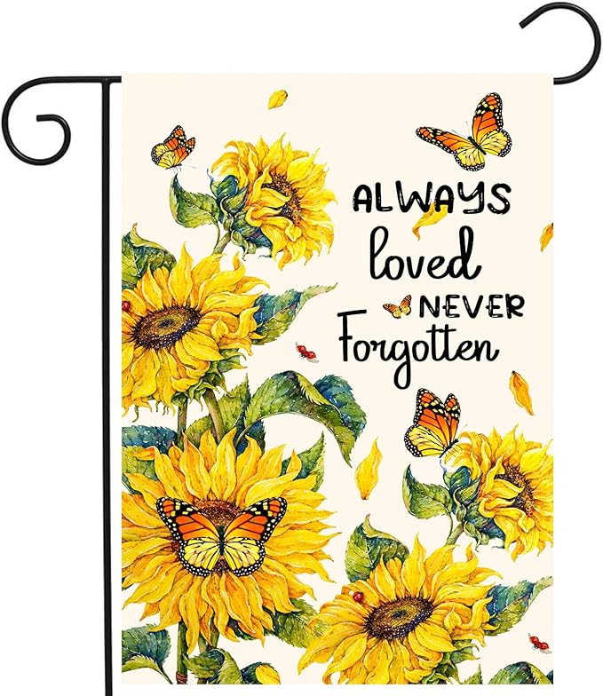 Always Loved Never Forgotten Memorial Garden Flag 12x18 Inch Double Sided Outside Sunflower Yard flag Butterfly Grave Flags for Cemetery Decorations