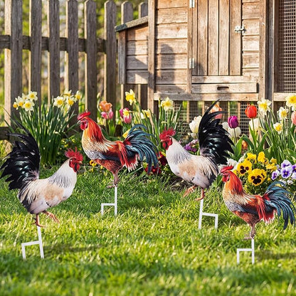 Riakrum 4 Pcs Metal Rooster Outdoor Garden Statues Decor Yard Chicken Decorations Metal Chicken Sculpture for Backyard Patio Kitchen Decor & Lawn Ornaments, 2 Size