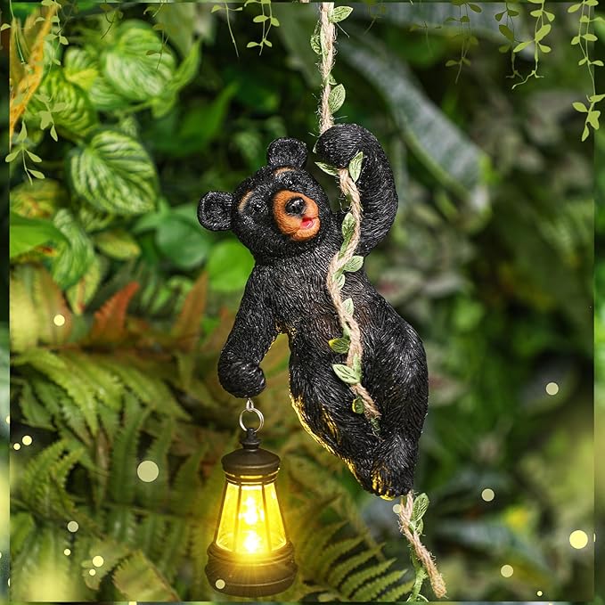 Rossesay 7 Inches Bear Statue Tree Hugger with Solar Light Resin Bear Statue Sign with LED Lantern Waterproof Hanging Figurine with Hook for Christmas Tree Decoration Outdoor Yard Garden(Black)