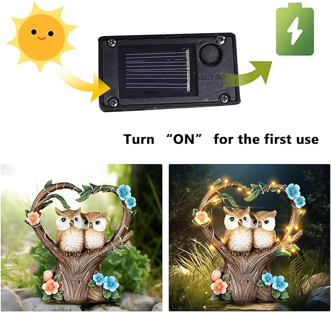 Owl Statue with Solar Lights Outdoor Decor, Resin Owls Figurines for Garden Patio Lawn Decorations, Christmas Birthday Gifts for Women Friends (7.6Inches)