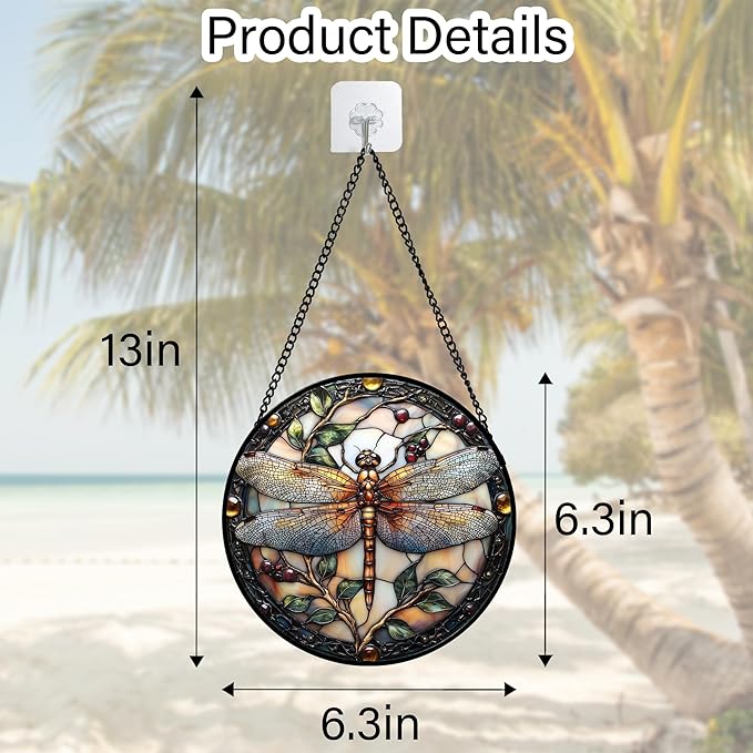 DASTOLL Stained Glass Window Hanging - Dragonfly Plant Suncatcher Ready to Hang Window Doors Home Decoration, Christmas, Mother's Day Birthday Gifts for Women, Men, and Mom 6.3X6.3IN