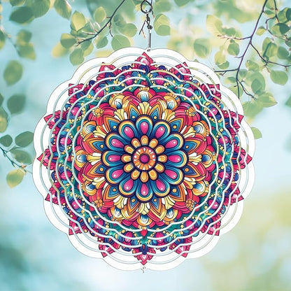 Wind Spinners Outdoor, Hanging Wind Spinner for Garden Decoration, 8 inch 3D Stainless Steel Metal Wind Sculpture for Indoor/Outdoor Decor, Multi Red Mandala