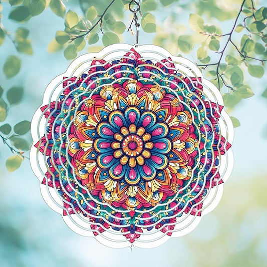 Wind Spinners Outdoor, Hanging Wind Spinner for Garden Decoration, 8 inch 3D Stainless Steel Metal Wind Sculpture for Indoor/Outdoor Decor, Multi Red Mandala