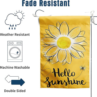 Hello Sunshine Garden Flag Bee Sunflower Flag Summer Garden Flags for Outside Yellow Flower Flag 12x18 Double Sided Yard Outdoor Front Porch Decor