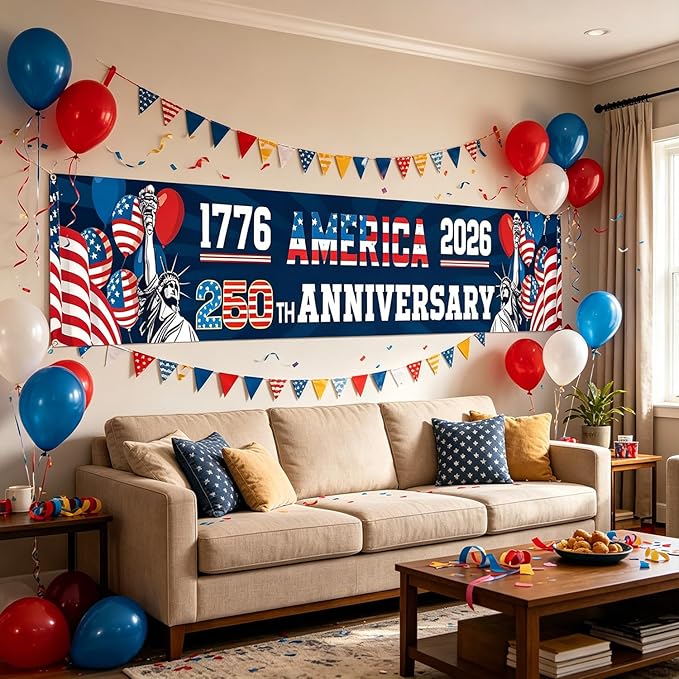 250th Anniversary USA Banner 120 x 20 Inches America 1776-2026 250 Years Birthday Banner American Flag Statue of Liberty Designs Patriotic Party Home Decorations for Outdoor Indoor Yard Garden Lawn