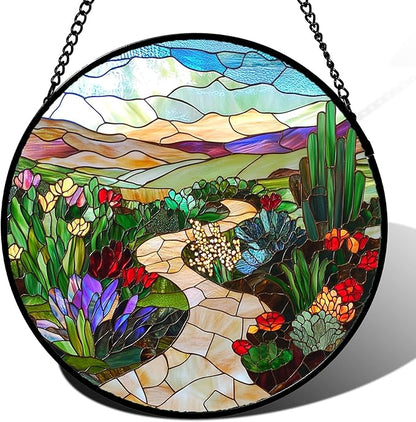 Stained Glass Window Hanging Colorful Wildflowers Mountain Scenery 6.3" - Suncatcher Door Garden Sunroom Sun Catcher Decor Birthday Christmas for Mom Men Woman Nana