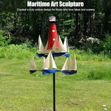 Fdit Sailboat Windmill, Metal Garden Wind Sculpture, Red White Blue, Lighthouse Art Design, for Lawn Patio Decoration