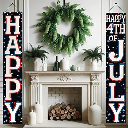 4th of July Porch Banners 71x12 Inch Patriotic Independence Day Decorations Red White Blue Hanging Door Signs American Flag Stars Stripes Outdoor Home Decor Memorial Day Party Supplies