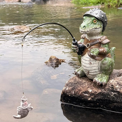 Garden Dinosaur Pond Statues Decoration, Fishing Dinosaur Garden Statue Outdoor Koi Pond or Waterfall Decor, 7.1" Crocodile Fishing Poolside Statue, Animals Patio, Lawn Additional, Gifts for Mom