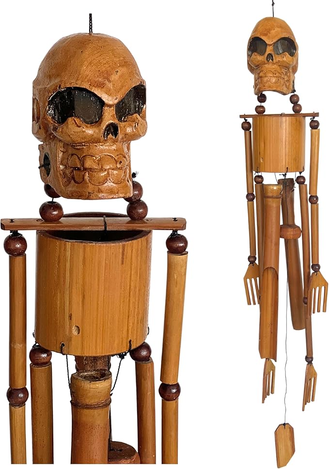 Bellaa 24773 Handmade Bamboo Skull Wind Chimes - 36 Inch Outdoor Garden Decor, Gothic Halloween Skeleton Design from Bali Indonesia, Weather Resistant Patio Yard Art