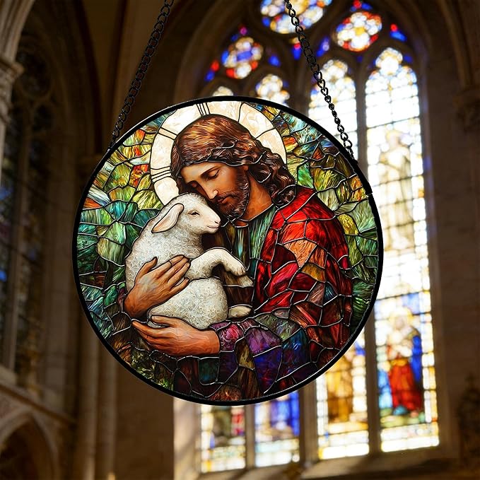 DASTOLL Stained Glass Window Hanging, Jesus Little Lamb Sun Catchers Colorful Glass Panel Christianity Suncatcher Decor for Birthday for Women, Men, Wife, Aunt, and Mom 14.9x14.9 in
