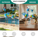 22.5" Metal Peacock Garden Statues Set of 2, Whimsical Cartoon Bird Sculptures with Hand-Painted Blue & Rainbow Finish, Lifelike Indoor Outdoor Yard Art for Patio Lawn Shelf & Living Room Decor