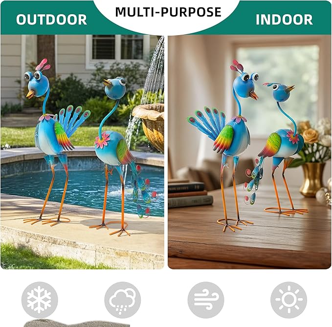 22.5" Metal Peacock Garden Statues Set of 2, Whimsical Hand-Painted Cartoon Birds, Blue & Rainbow Yard Art for Patio Lawn, Indoor Shelf Decor, Unique Gift for Women