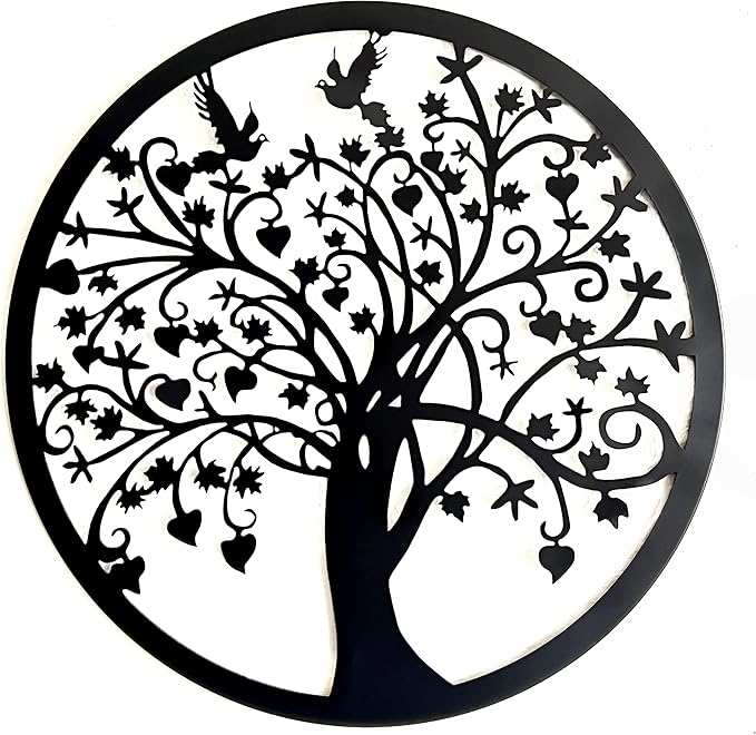 Bellaa 20193 Metal Wall Decor Tree Circle of Life Birds Nature Round Sign Indoor Living Room Rustic Art Outdoor Garden Patio Decor