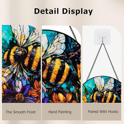 Stained Glass Window Hanging, Bee Yellow Flower Suncatcher for Doors Home Sun Catchers Decoration, Mother's Day Birthday Gifts for Women, Men, and Mom
