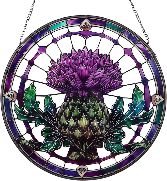 10in Thistle Galss Window Hanging, Celtic/Scottish Symbol Stained - Style Decor, Suncatcher Ornament for Home Wall & Window, Gifts for Friends, Women, Art Lover