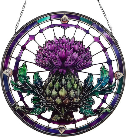 10in Thistle Galss Window Hanging, Celtic/Scottish Symbol Stained - Style Decor, Suncatcher Ornament for Home Wall & Window, Gifts for Friends, Women, Art Lover