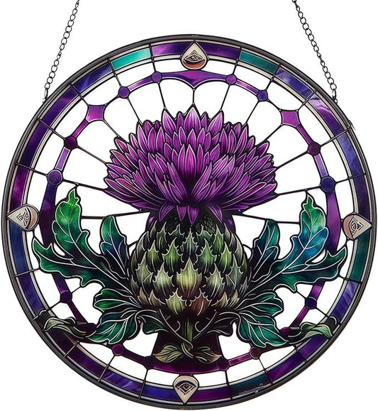 10in Thistle Galss Window Hanging, Celtic/Scottish Symbol Stained - Style Decor, Suncatcher Ornament for Home Wall & Window, Gifts for Friends, Women, Art Lover