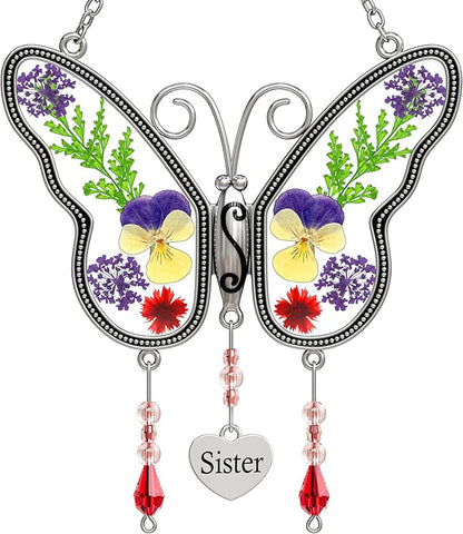 KY&BOSAM Suncatcher Butterfly Stained Glass Sister Suncatchers Hangings for Window Wind Chime Ornament with Pressed Dried Flower Wings Embedded in Glass for Mom Birthdays Christmas