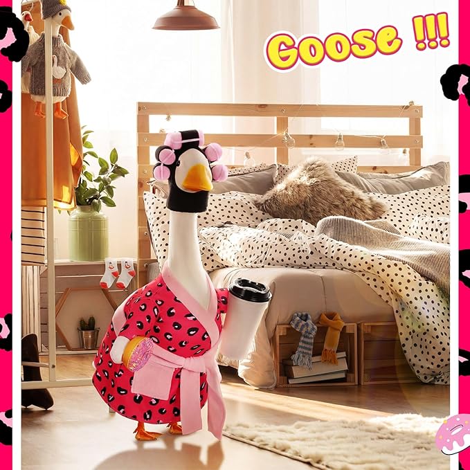 Shyyween Lady Porch Goose Outfit for 23'' Cement Plastic Lawn Goose Statue Clothes Pink Leopard Bathrobe Coffee Cup Curlers for Outdoor Garden Yard Patio Decoration