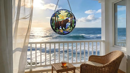 Stained Glass Window Hanging - A Black Bear is Walking in The Forest 6.3 Inches Suncatcher for Garden Home Decor for Women Mon Grandma Friends