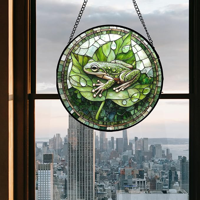 Stained Glass Window Hanging - Cute Frog Suncatcher for Doors Garden Patio Green Leaves Sun Catchers Decor Christmas Mother's Day Birthday Gifts for Women Men Mom Nana Boy Friend 11.8 in