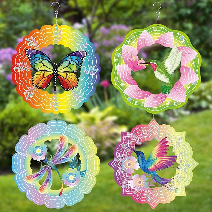 Maitys 4 Pcs Stainless Steel Wind Spinners Butterfly Dragonfly Hummingbird Gifts for Women 12 Inch 3D Iron Wind Spinners Hanging for Yard Indoor Outdoor Art Kinetic Sculptures for Garden Decorations