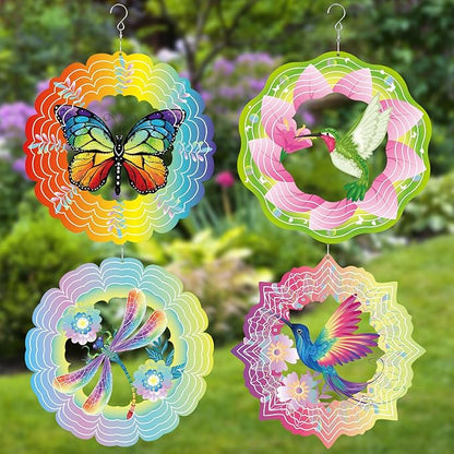 Maitys 4 Pcs Stainless Steel Wind Spinners Butterfly Dragonfly Hummingbird Gifts for Women 12 Inch 3D Iron Wind Spinners Hanging for Yard Indoor Outdoor Art Kinetic Sculptures for Garden Decorations