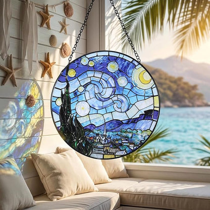 Hanging Stained Glass for Windows,20cm/7.87inch Van Gogh Starry Night Stained Glass Suncatcher with Chain Garden Diamond Glass Panel Hangings Decoration for Home Decor Gifts for Family Friends