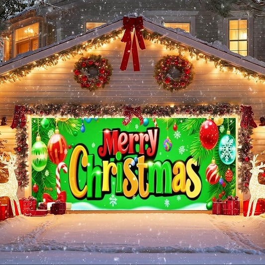 IVN Christmas Garage Door Cover Decoration 13x6ft Bright Green Background Candy Canes Colorful Letters Merry Christmas Winter Garage Door Banner Home Door Front Yard Decor for Xmas Eve Holiday Outdoor