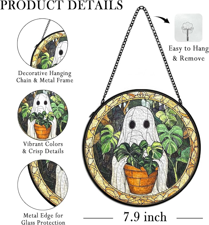 Halloween Ghost Suncatcher Stained Glass Window Hanging Decor, Cute Ghost Stained Glass Wall Decor, Plant Lovers Gifts, Botanical Garden Sun Catchers Indoor Window Hanging Wall Art, 7.9x7.9In