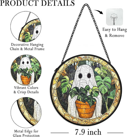 Halloween Ghost Suncatcher Stained Glass Window Hanging Decor, Cute Ghost Stained Glass Wall Decor, Plant Lovers Gifts, Botanical Garden Sun Catchers Indoor Window Hanging Wall Art, 7.9x7.9In