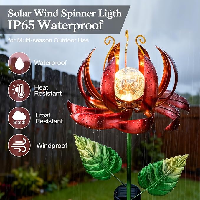 Solar Yard Lights Wind Spinners- Metal Lotus Flower Garden Decor LED Crackle Glass Globe Yard Art Sculpture Solar Stake Lights for Patio Pathway Lawn Walkway (Red-Large)